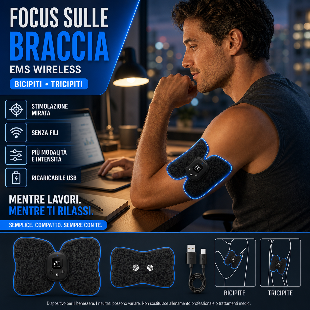 Uomo in ufficio di notte con pad braccia — "Focus sulle braccia"
