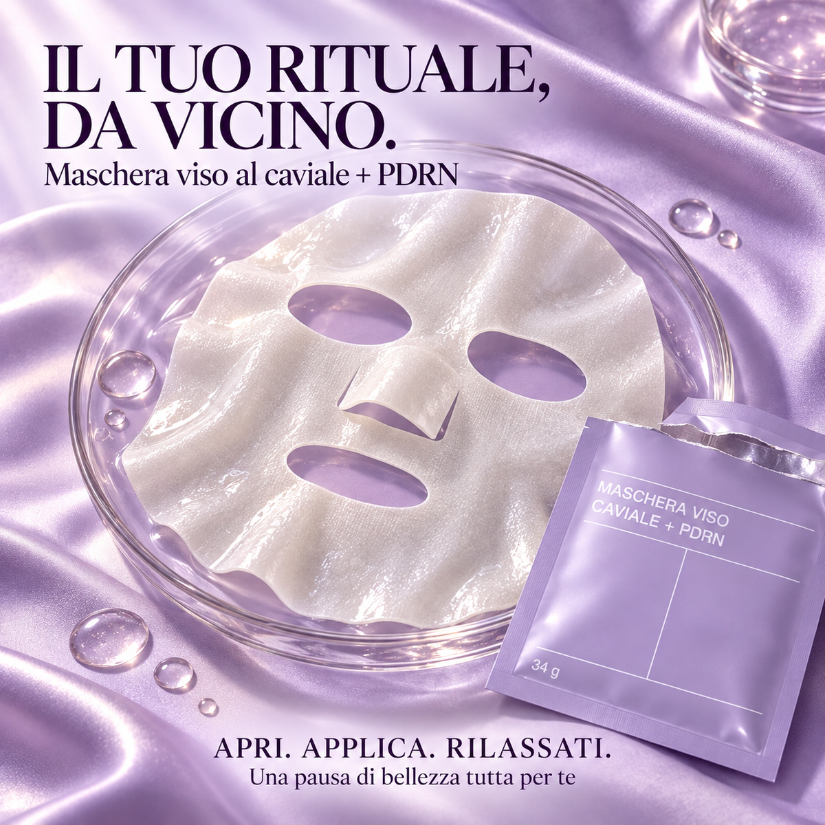 Maschera viso Biodance Caviar + PDRN in tessuto su un piatto con confezione lilla