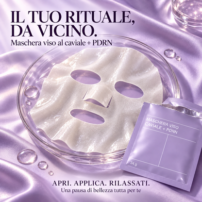 Maschera viso Biodance Caviar + PDRN in tessuto su un piatto con confezione lilla
