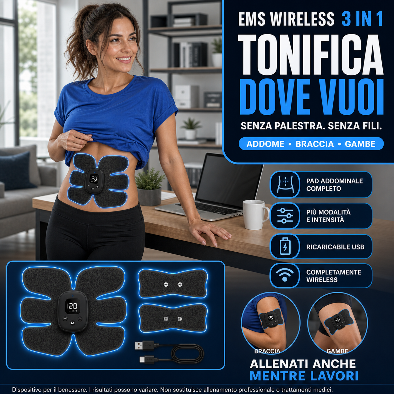 Donna in ufficio con pad addominale — "Tonifica dove vuoi", wireless