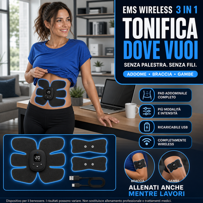 Donna in ufficio con pad addominale — "Tonifica dove vuoi", wireless