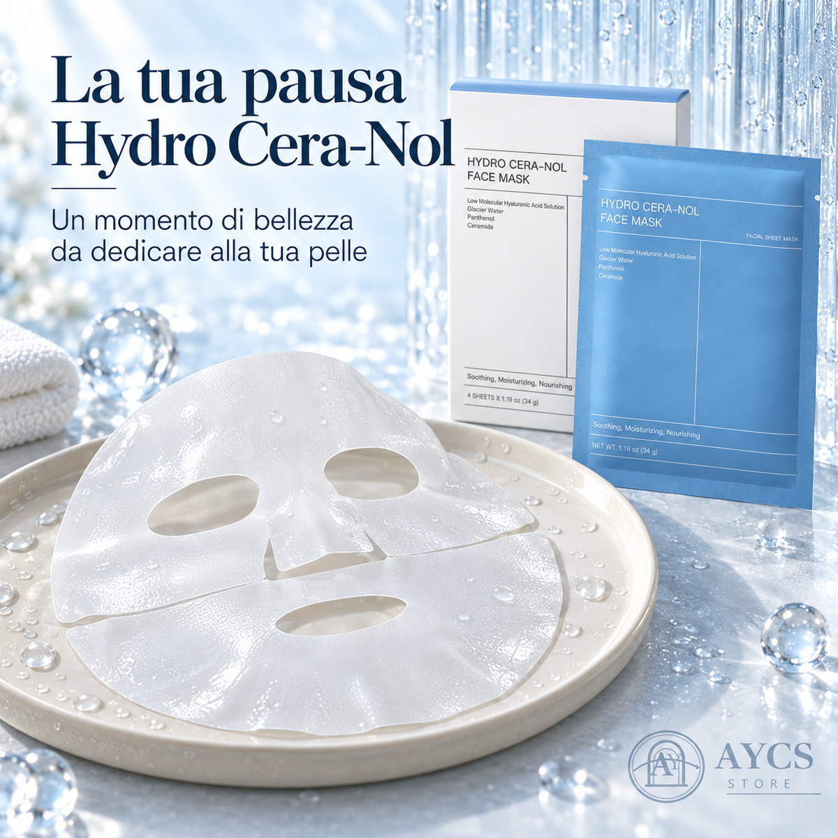 Maschera viso in tessuto Biodance Hydro Cera-Nol su un piatto con confezione e scatola sullo sfondo