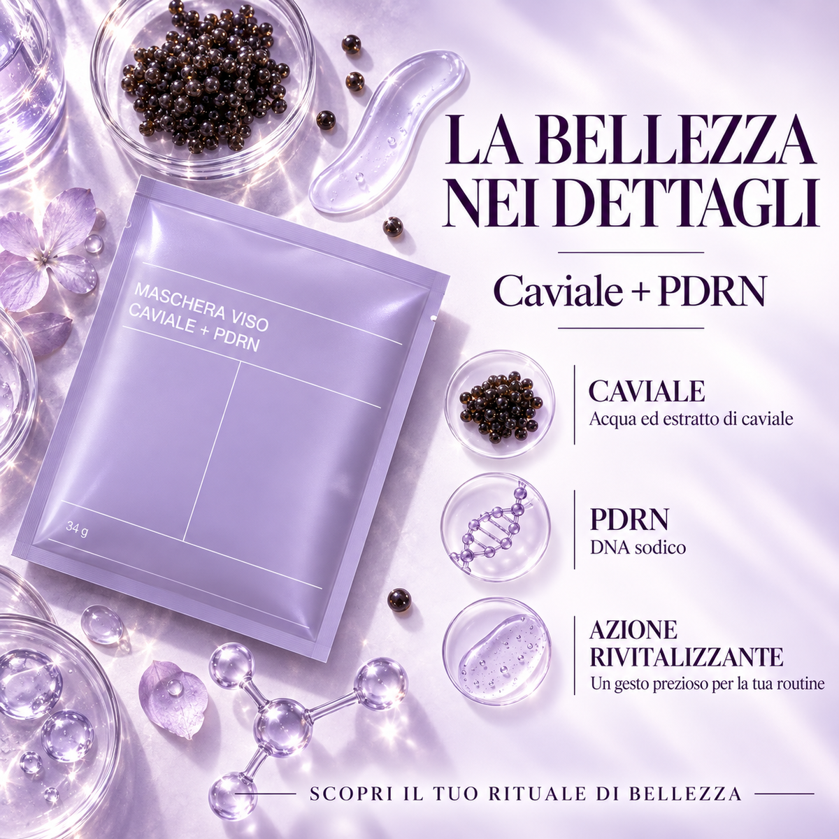 Confezione Biodance Caviar + PDRN circondata da perle decorative e grafiche di caviale e PDRN