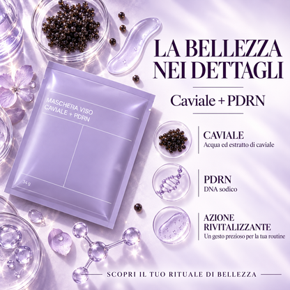 Confezione Biodance Caviar + PDRN circondata da perle decorative e grafiche di caviale e PDRN