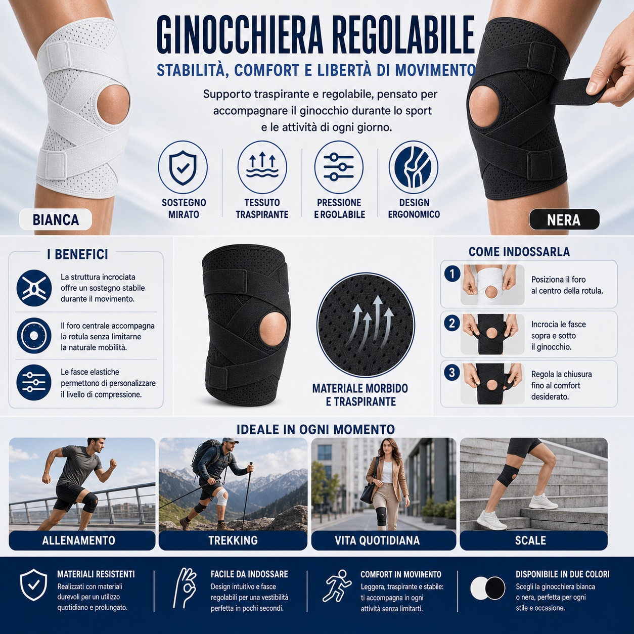 Mix quarta infografica — bianca/nera, 3 benefici, 3 passi, dettaglio tessuto, 4 momenti