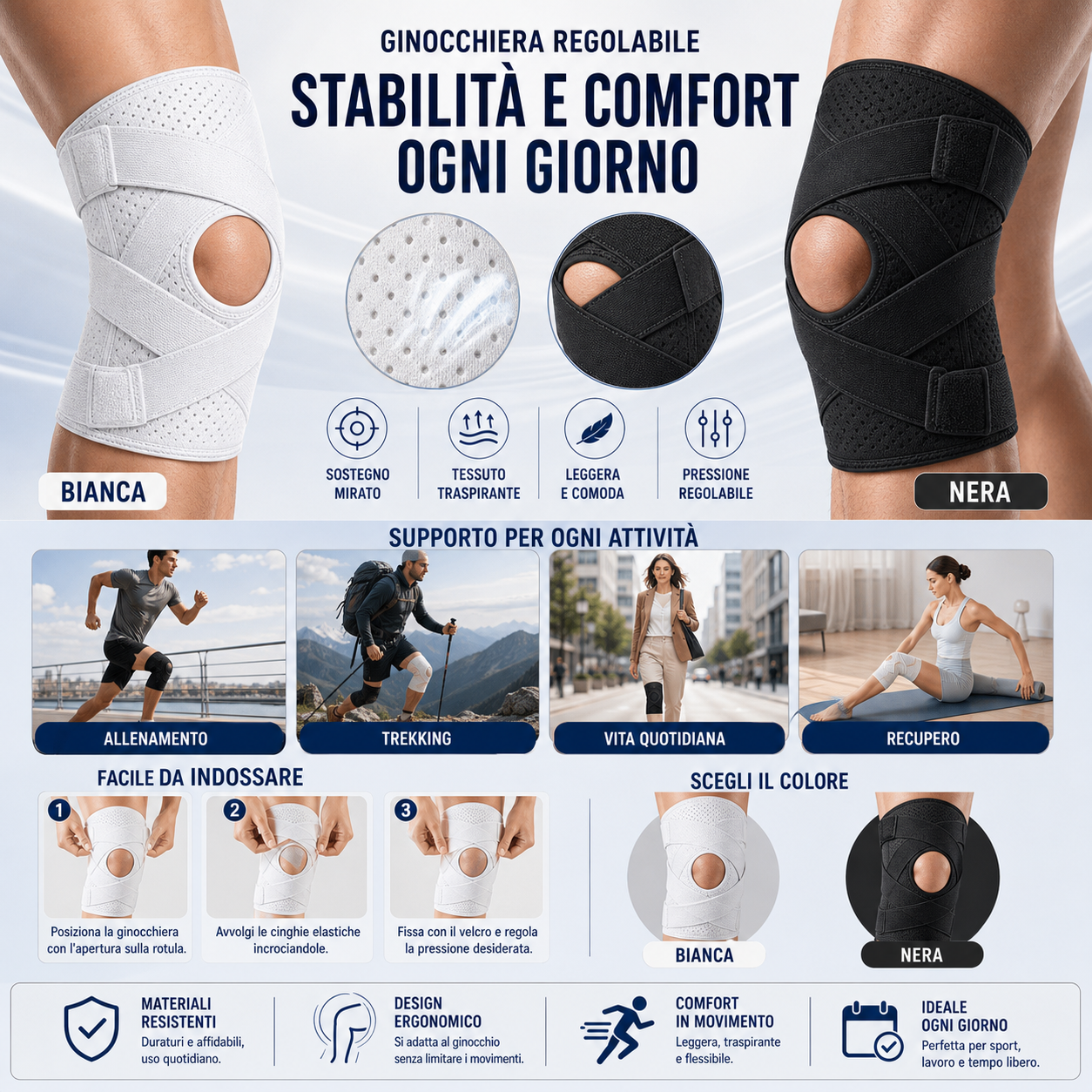 Infografica principale — bianca/nera, 4 caratteristiche, 4 attività, 3 passi, 4 icone