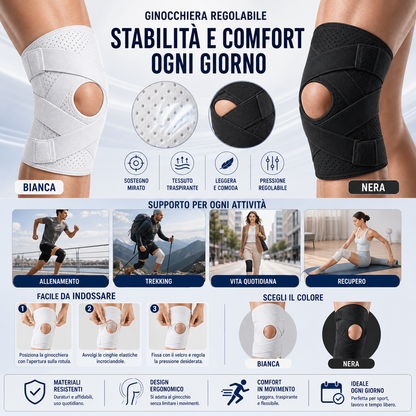 Infografica principale — bianca/nera, 4 caratteristiche, 4 attività, 3 passi, 4 icone