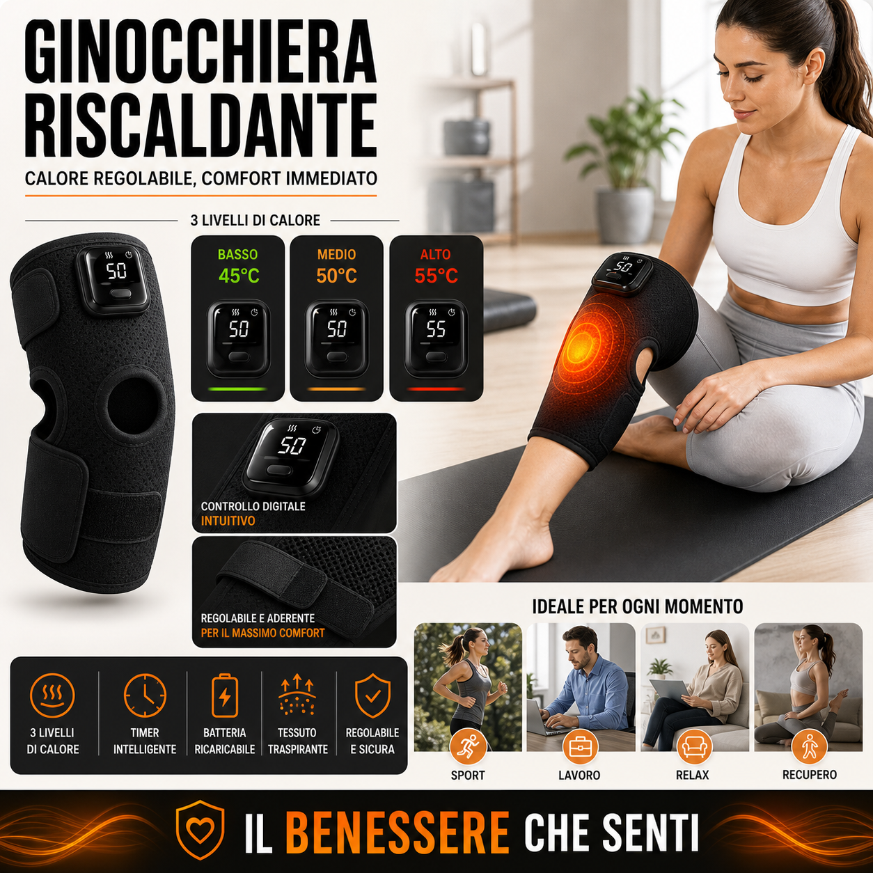Infografica principale — 3 livelli calore, sport/lavoro/relax/recupero
