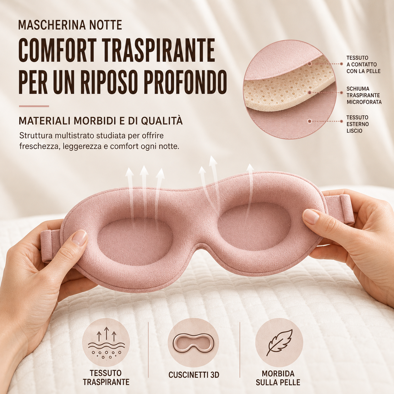 Mascherina rosa cipria in mano — struttura 3 strati traspirante

