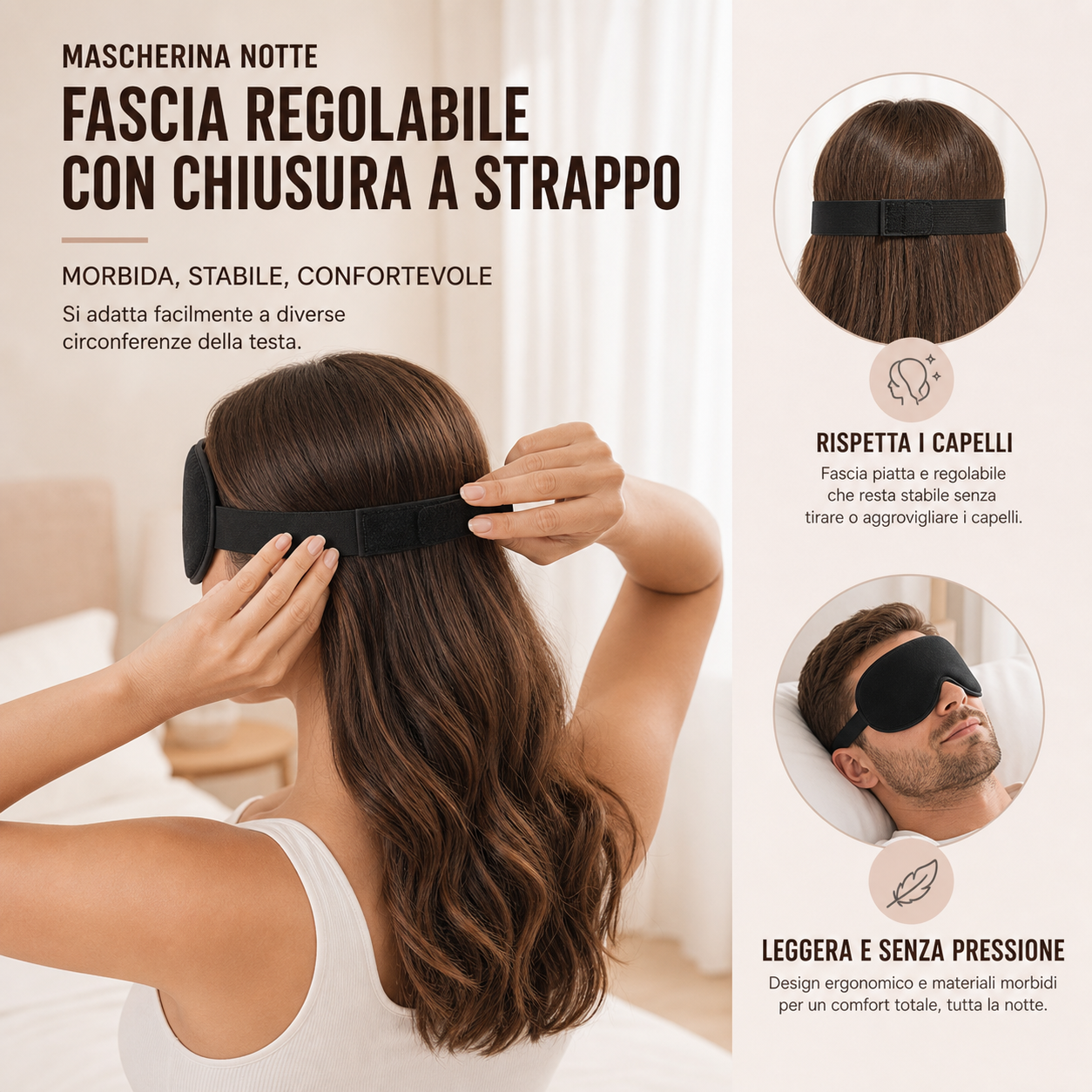 Fascia regolabile a strappo — rispetta i capelli