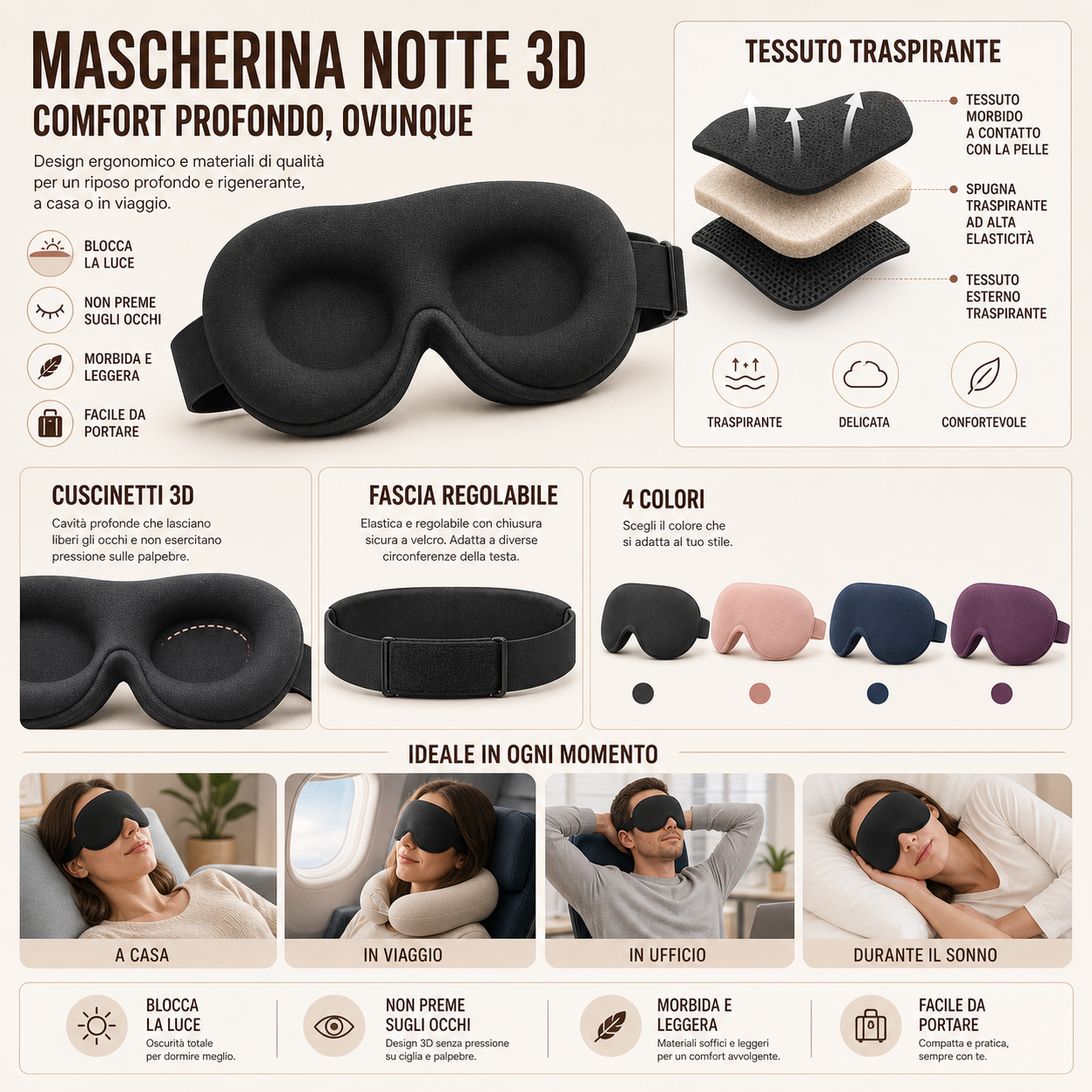 Infografica completa nera — struttura, cuscinetti, 4 colori, 4 usi