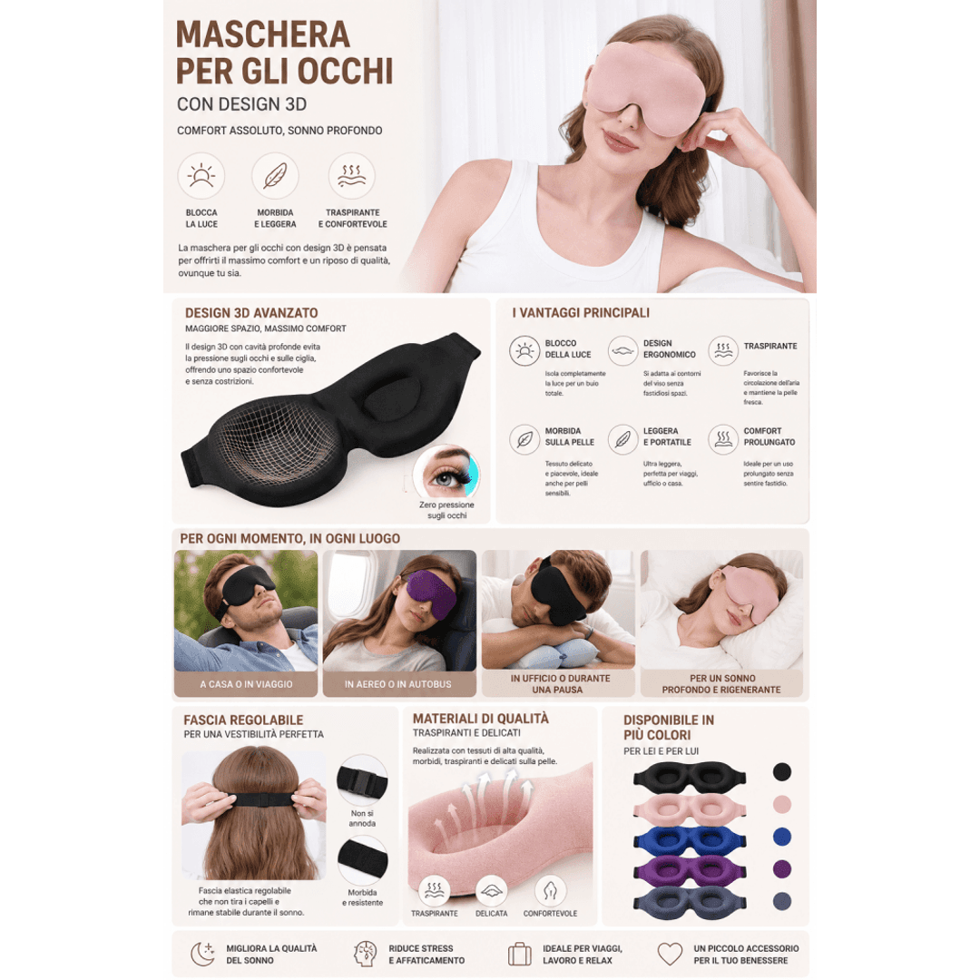 Mascherina Sonno 3D Memory Foam – Blocca Luce, Comfort Totale 0ibj8a-wi maschera-per-il-sonno-3d-in-memory-foam-blocca-luce-comfort-totale-ideale-per-casa-e-viaggio dormire meglio, maschera notte 3d, maschera notte ergonomica, maschera occhi notte, maschera oscurante, maschera sonno, meno stress, relax notte, sleep mask, sonno profondo