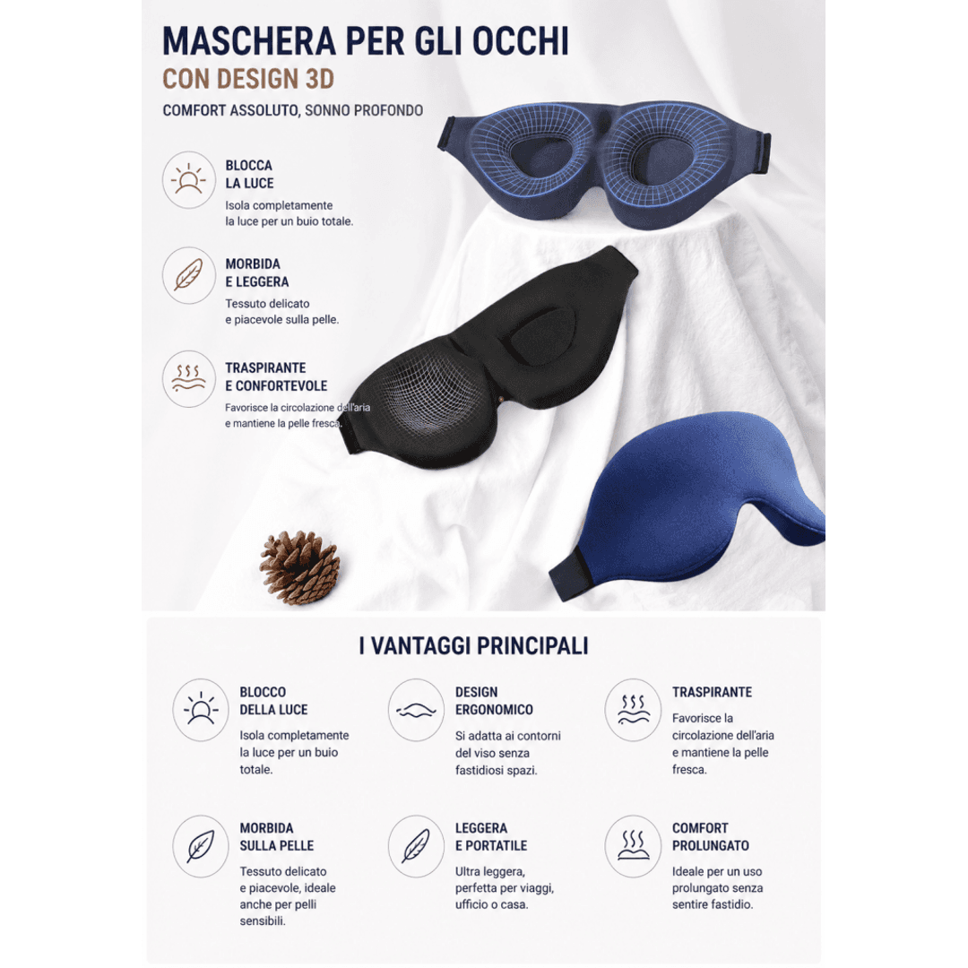 Mascherina Sonno 3D Memory Foam – Blocca Luce, Comfort Totale 0ibj8a-wi maschera-per-il-sonno-3d-in-memory-foam-blocca-luce-comfort-totale-ideale-per-casa-e-viaggio dormire meglio, maschera notte 3d, maschera notte ergonomica, maschera occhi notte, maschera oscurante, maschera sonno, meno stress, relax notte, sleep mask, sonno profondo