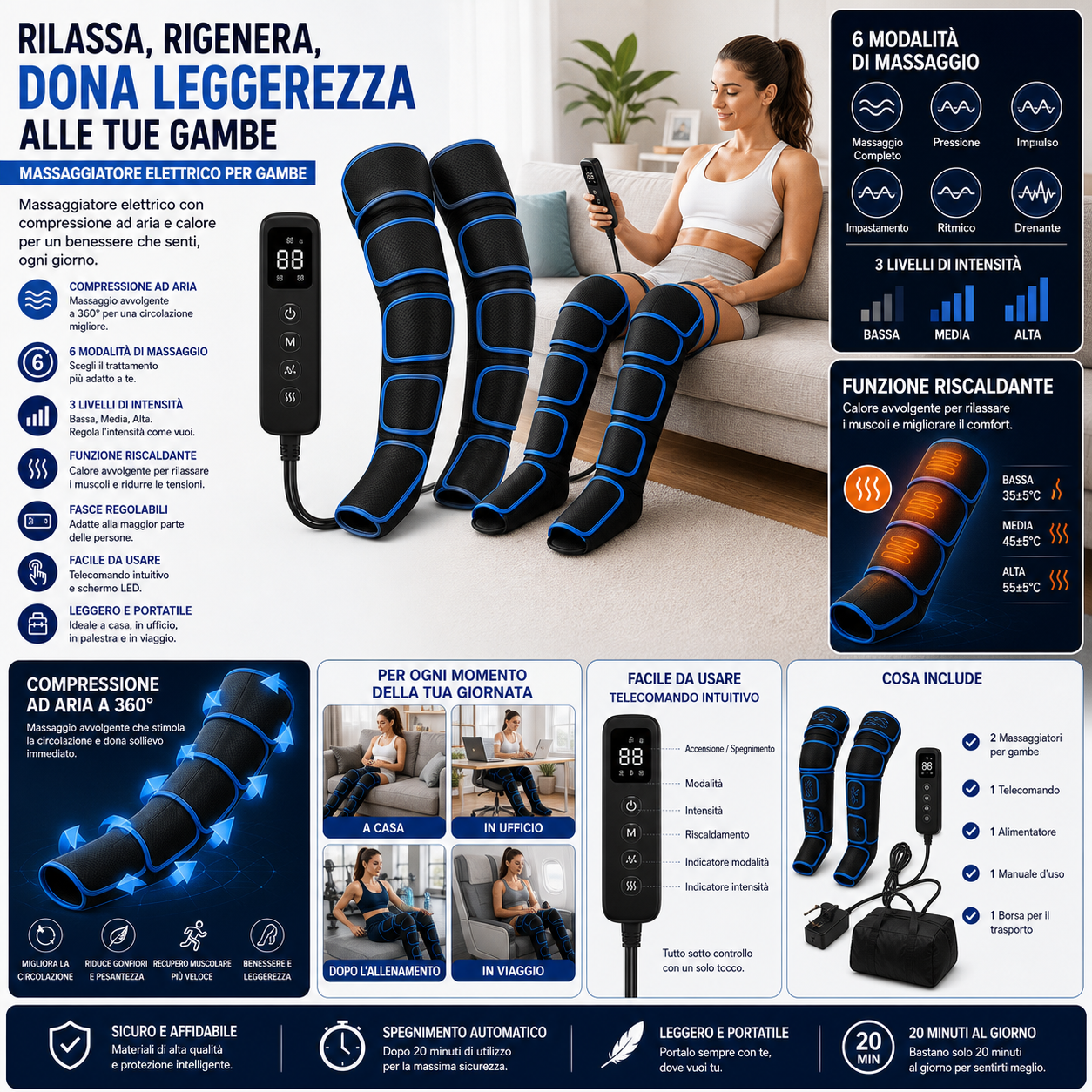 LegRelax Pro™ AYCS dispositivo compressione gambe 6 modalità recupero
