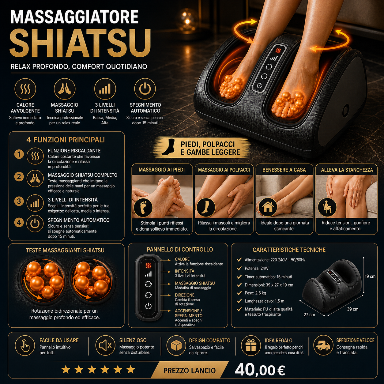 FootZen Shiatsu™ AYCS massaggiatore plantare con calore per relax serale